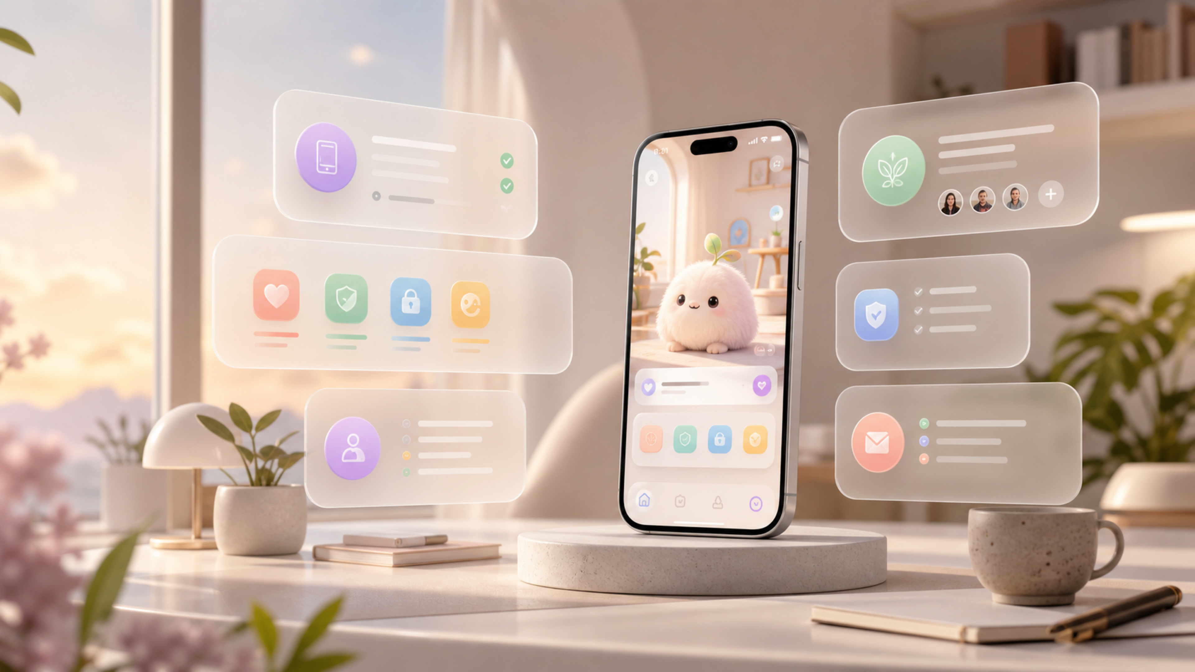 App mockup with product, company, privacy, and contact information