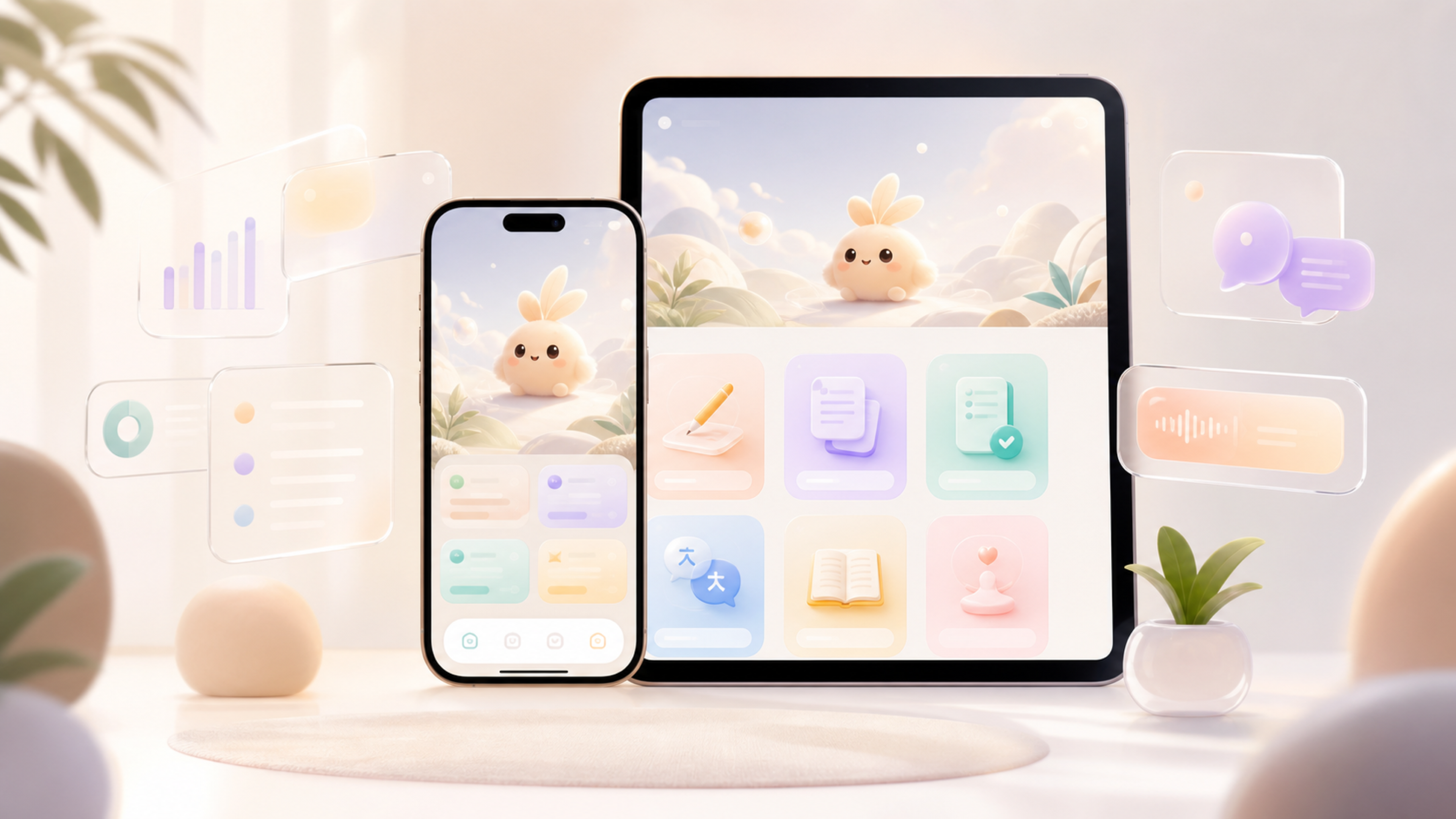 AI skill tool panels floating around phone and tablet app mockups