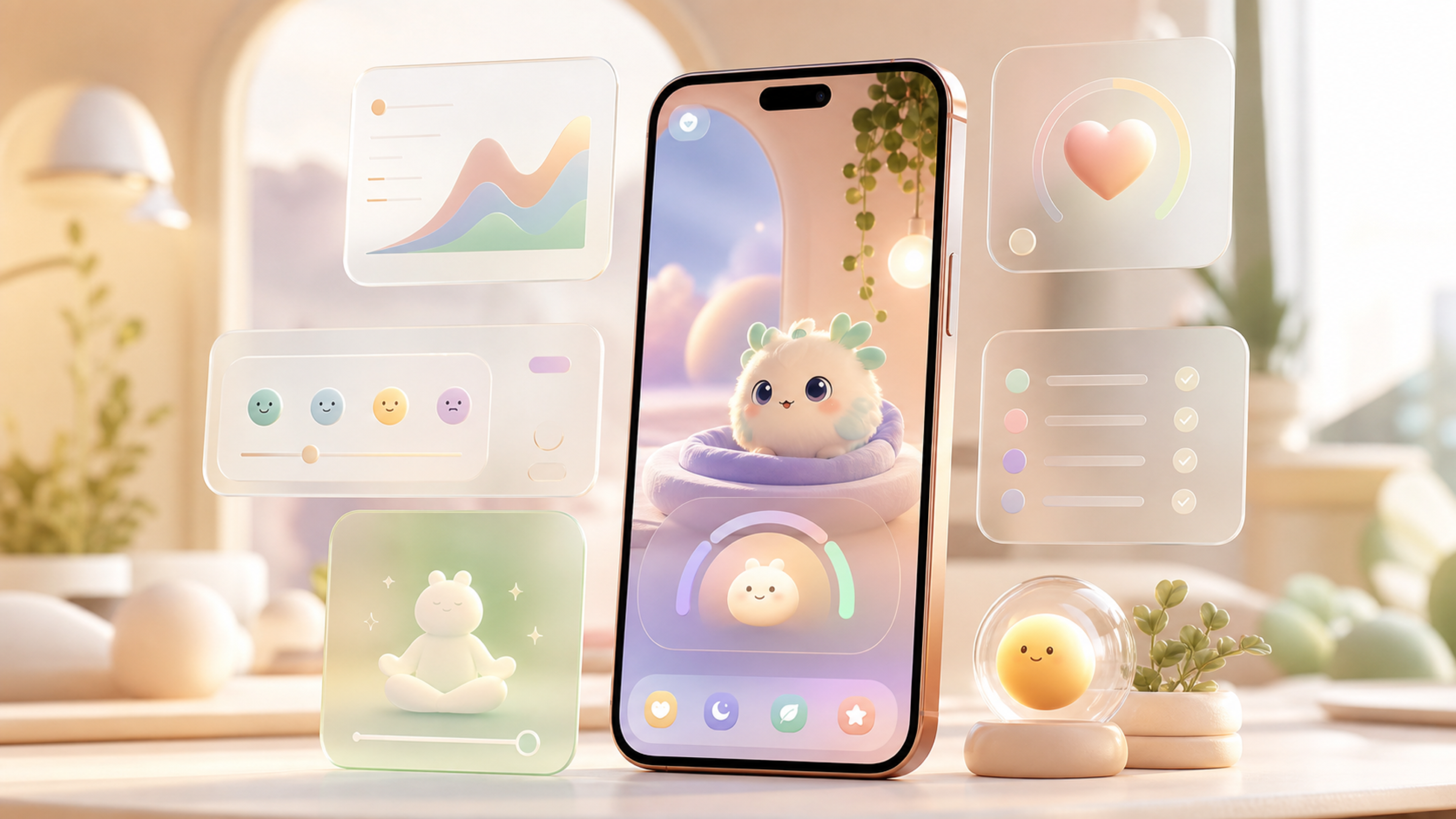 Digital pet companion inside a mobile app mockup